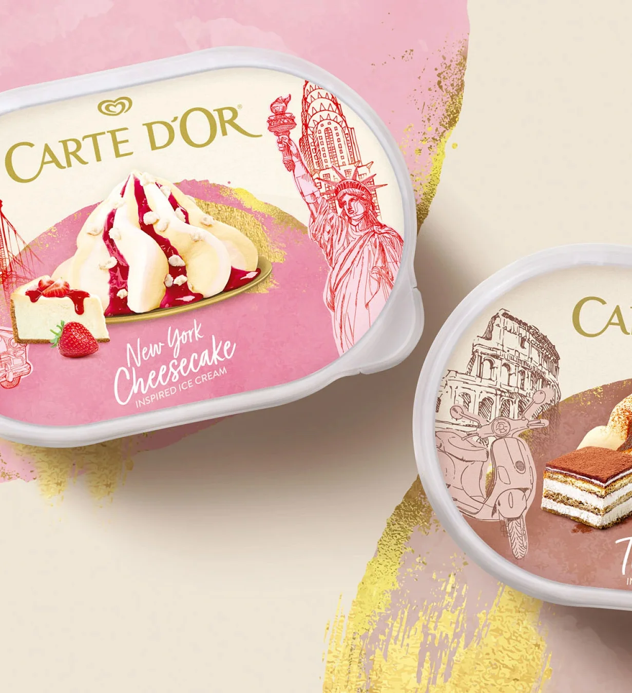 Carte d’Or New York Cheesecake and tiramisu ice cream packaging