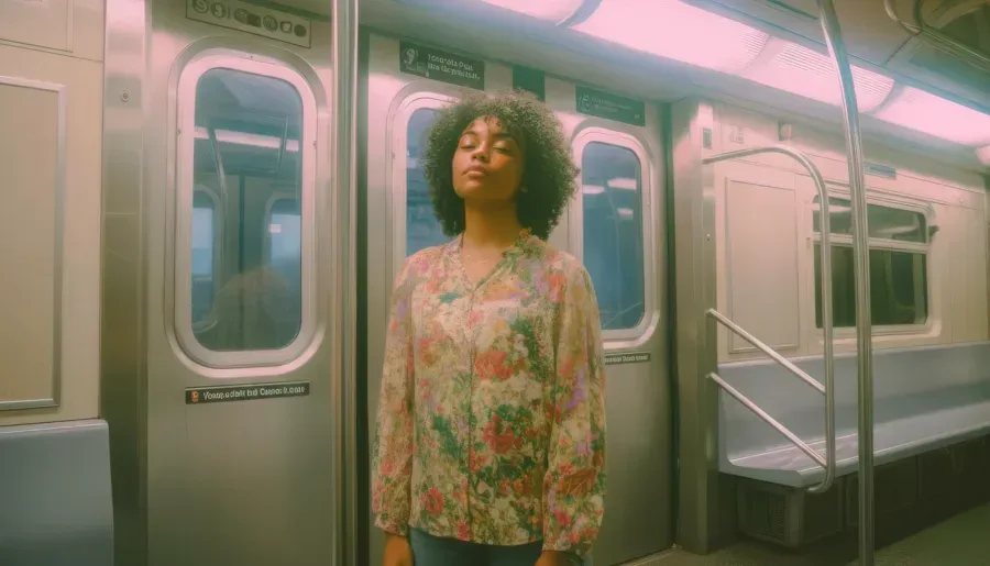 Woman standing in a softly lit subway carriage