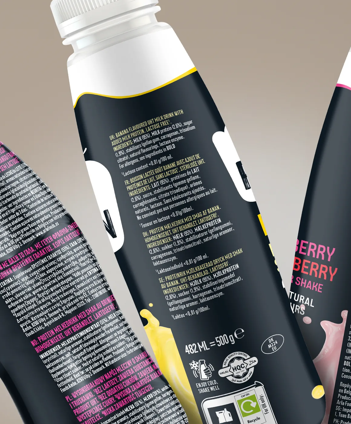 Close-up of Arla Protein bottle labels showing multilingual ingredient and mandatory information