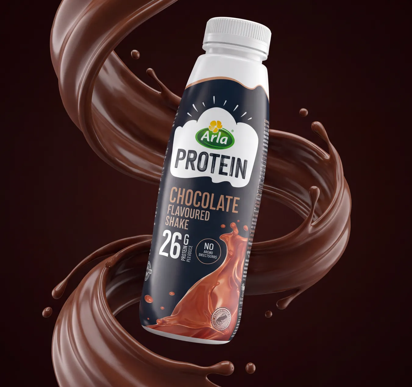 Arla Protein chocolate flavoured shake bottle wrapped in a swirl of chocolate
