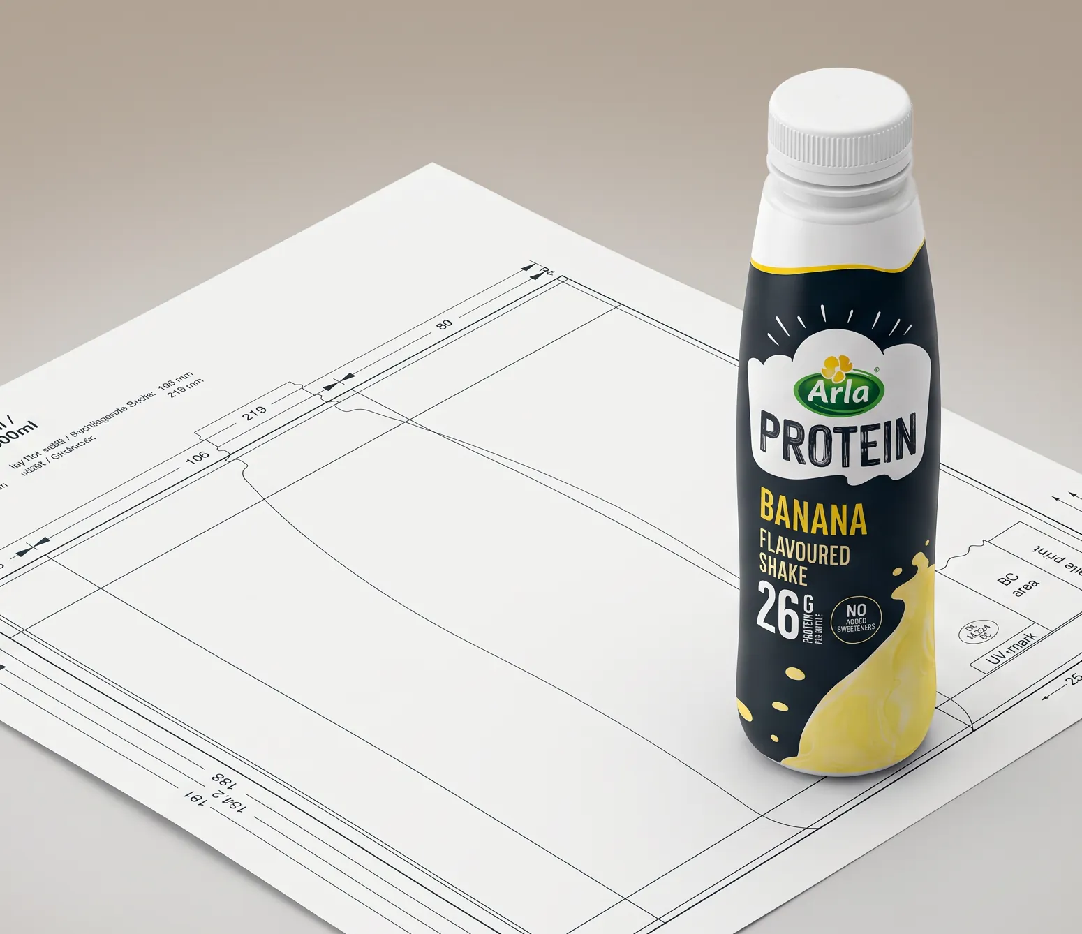 Arla Protein banana flavoured shake bottle on its technical dieline drawing